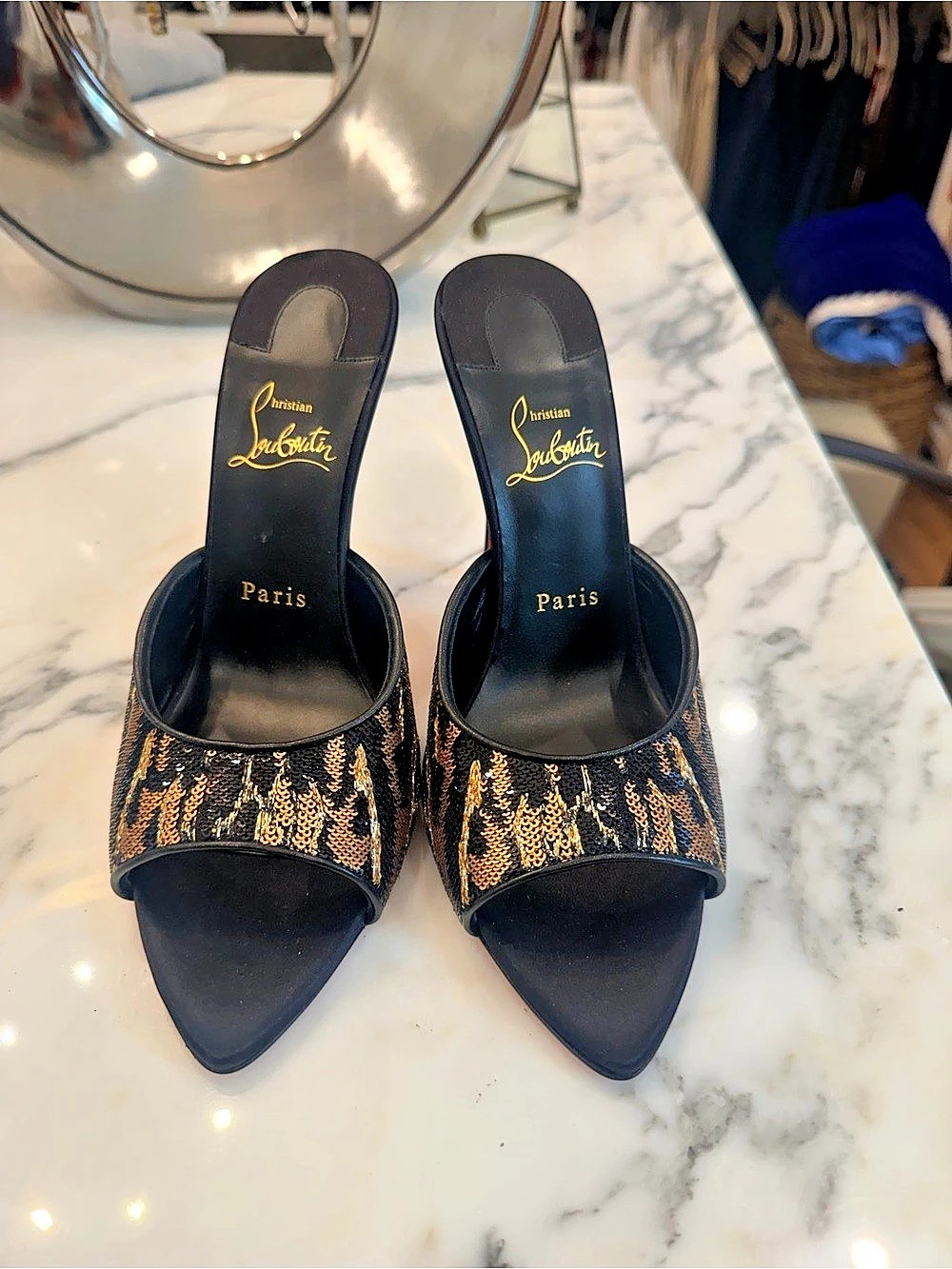 Christian Louboutin Miss Z Ocelot 100 Mule Black & Gold Heels